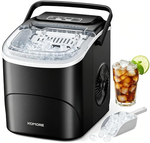 KOMORE Ice Maker, Self-Cleaning Ice Machine, Bullet Ice Maker Machine, 9 Cubes Ready in 6 Mins, 12Kg/24H, Ice Scoop & Basket, Portable with Handle, Perfect for Home/Office/Bar (Black)