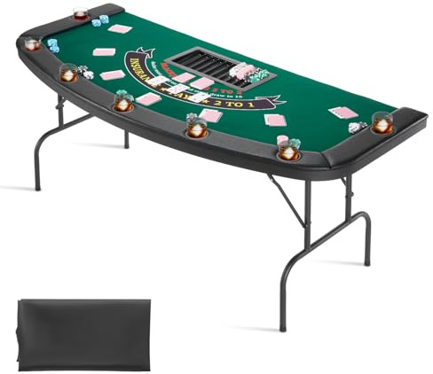 VEVOR klappbarer Pokertisch für 7 Spieler (183 cm) Kasino-Freizeittisch mit gepolsterten Schienen & Getränkehaltern, Halbovale tragbare Spieltische mit Filz- und Metallbeinen, Texas Hold’em Poker