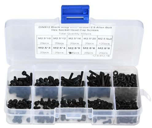 KooingTech M2.5 Schrauben, 300PCS M2.5 X 3-20mm 12.9 Grad Legierungsstahl Madenschrauben Set, Senkkopfschrauben Set mit Mutter, Innensechskant Schrauben