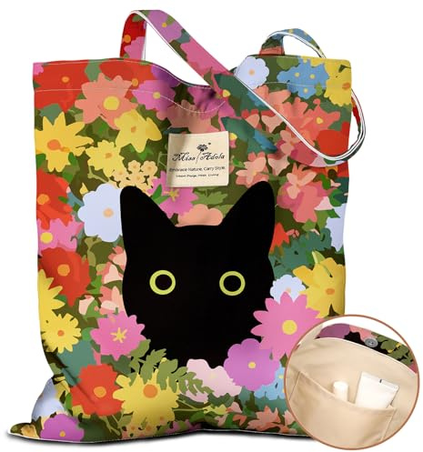 Miss Adola Aesthetic Tote Bag for Women - Reusable Totes with Pocket & Magnetic Buckle Cute Design Lady Cotton Shoulder Bag
