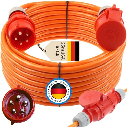 Starkstromkabel 16A H07BQ-F 5x1,5 Orange Starkstrom Verlängerungskabel CEE Verlängerung 16 Ampere Kabel 5x1,5mm2 Baustelle Werkstatt Industrie Geeignet Outdoor IP44 (25m)