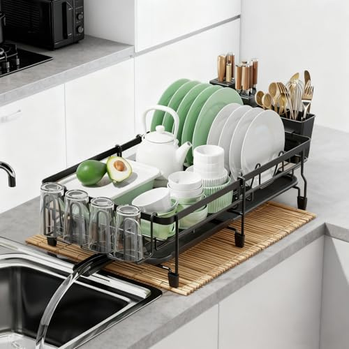 Homshsjhkis Egouttoir Vaisselle, Extensible Rangement Assiette Cuisine, Egouttoir Vaisselle Pliable, Dish Rack, Egoutoire avec Porte-Gobelets, Porte-Ustensiles, Bec Rotatif 360°, Égouttoir Gain Place
