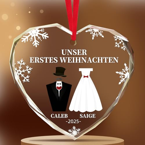Personalisierte Herz-Christbaumkugel Unser Erstes Weihnachten 2025 - Individuelles Geschenk für Frischvermählte/Verlobte mit Name & Datum, Personalisierte Weihnachtskugel als Andenken für Paare