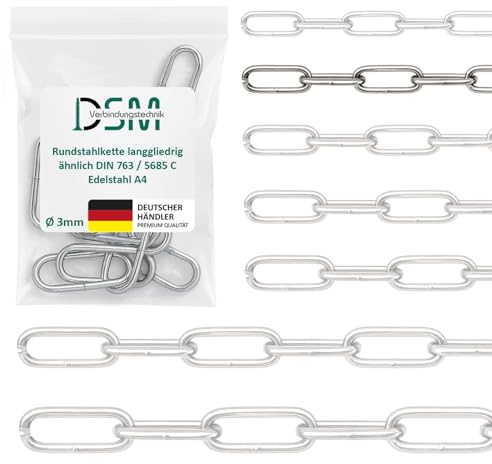 DSM – Rundstahlkette 3 mm Ø – langgliedrig DIN 5685 – Edelstahl A4 – 0,25 m | 1 Stück Meterware – Bruchlast 320 kg [TrueSpec Präzision] Edelstahlkette rostfrei für Garten, Boot, Werkstatt & Dekoration