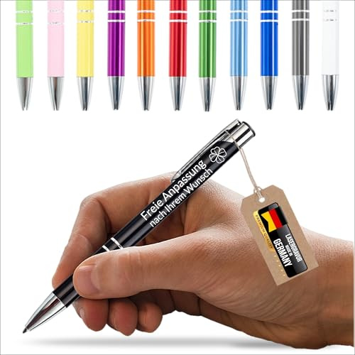 Unikat Branding Kugelschreiber personalisiert mit Gravur, 1 Stück | Schwarze Mine, eloxierter Edelstahlkörper, Gravur auf zwei Seiten, Geschenk und Werbeartikel für Verein, Firma und Event