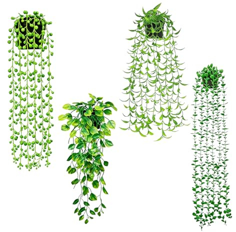 Kaiyzo 4 Pcs Plante Artificielle Tombante, Plantes Artificielles Interieur avec Pots, Fausse Plante Tombante 50-80cm, Pot Plantes Intérieur, Faux Lierre, Decoration Maison Cuisine Bureau Jardin