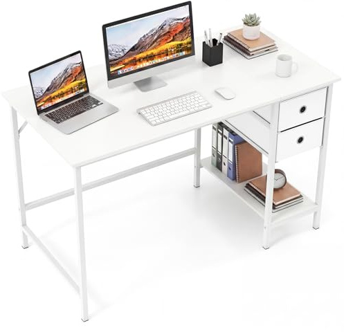 COSTWAY Scrivania per Computer, 120 x 60 x 75 cm, Scrivania Ufficio con 2 Cassetti e Ripiano, Tavolo Postazione di Lavoro, Studio e Lettura, Scrittoio Salvasapzio in Legno e Metallo (Bianco)