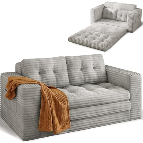 Xbro Schlafsofa Klein 2-Sitzer, 2-in-1 Sofa Klappbar, Bodensofa als Schlafsessel Ausklappbar, Faltsofa Bett aus Cord mit Kissen & Taschen, für kleine Räume, 150 × 86 × 75 cm, Hellgrau
