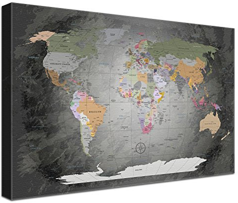 LanaKK – Weltkarte Luxus Ausführung – „Worldmap Edelgrau” - deutsch - Kunstdruck-Pinnwand auf 4cm Echtholz-Keilrahmen – Globus in grau, einteilig & fertig gerahmt in 120x80cm