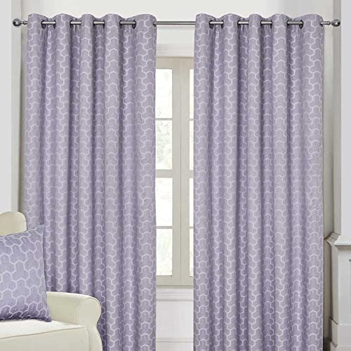 HOMESCAPES Lilac Geometric Blackout Curtains Pair Width 228cm (90) x 182cm (72) Drop Genuine 3 Pass Blackout Lining Heavy Weight Jacquard Eyelet Curtain
