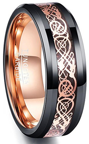 NUNCAD Ring Wolfram Herren/Damen 8mm Breit Rosegold Keltische Drachen mit Kohlefasern für Hochzeit Verlobung Trauung und Geburtstag Größe 57(18.1)