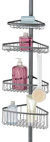 mDesign étagère de douche télescopique en métal et plastique – serviteur de douche à fixation facile – étagère d'angle extensible pour shampoing, après-shampoing, etc. avec porte-serviette – gris