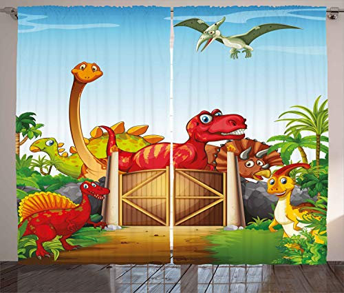 ABAKUHAUS Dino Rustikaler Gardine, Cartoon-Dinosaurier in Park, Schlafzimmer Kräuselband Vorhang mit Schlaufen und Haken, 280 x 245 cm, Mehrfarbig