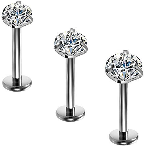 OUFER Piercing de labio de titanio sólido G23 de 16 G, con rosca interna, circonita cúbica transparente, para tragus, hélice, cartílago, 16G, Titanio