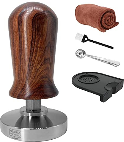 NEOUZA Martillo de prensa profesional calibrado Espresso 53 mm, compatible Sage/Breville 870/875/878, base plana, acero inoxidable 304, mango de madera premium con resorte