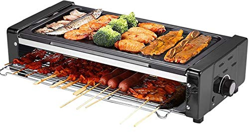 Portátil Barbacoa Parrilla 5-7 Persona Parrilla cubierta Sin humo Electric Nostick BBQ Grill Parrilla Doble Capa Interior eléctrica con placa de parrilla 1500W Ideal para fiestas y diversión familiar,