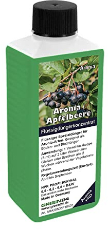 Aronia Apfelbeere NPK-Dünger Flüssigdünger für Aronia-Pflanzen, auch Schwarze Apfelbeere oder Filzige Apfelbeere, Aronia arbutifolia, Aronia melanocarpa, Volldünger als Blattdünger und Wurzeldünger