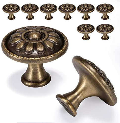 Fecraf 10 Pack Antique Brass Cabinet Knobs, Vintage Retro Drawer Knobs, Solid Round Dresser Knobs for Nightstands Single Hole Cabinet Hardware, Diameter 1.18in