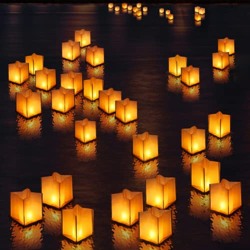 FUELYE Paquete de 10 faroles flotantes cuadrangulares de 5.9 pulgadas con base de madera impermeable, faroles de papel decoración con vela para boda, conmemoración, decoración de piscina al aire libre
