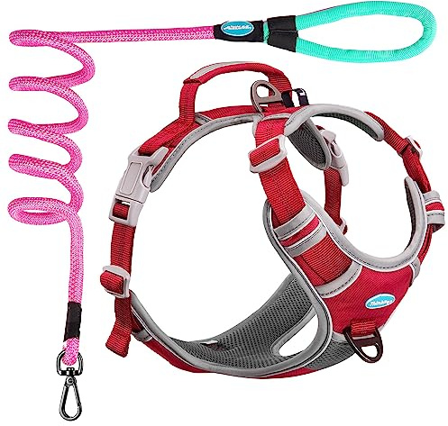 ThinkPet No Pull sele andningsbar sportsele med handtag – hundselear reflekterande justerbar för medelstora hundar, bak/främre klämma för enkel kontroll röd sele koppel set S