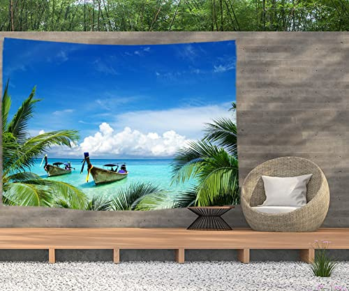 Ulticool – Playa mar barco palmera naturaleza – Tapiz mural póster – 200 x 150 cm – Póster de jardín – Gran tapiz de pared – Accesorio de decoración para jardín y salón