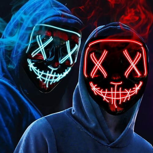 OUILA LED Halloween Maske, 2 Pack Neon Leuchtmaske mit 3 Leuchtmodi für Herren, Damen, Cosplay, Halloween, Karneval, Maskerade Party (2 schwarze Masken)