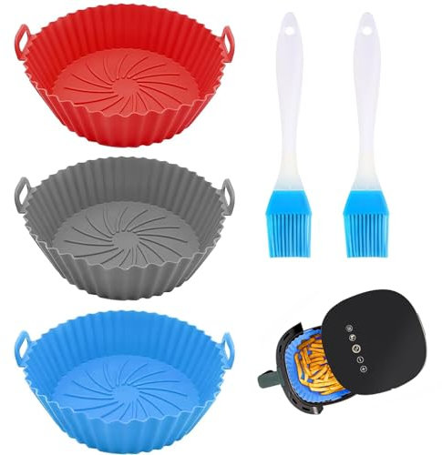 VireEyU Pack de 3 moules en silicone pour friteuse à air chaud, 17,5 cm, inclut 2 pinceaux à huile, revêtements réutilisables pour friteuse, accessoires de cuisson pour four et micro-ondes