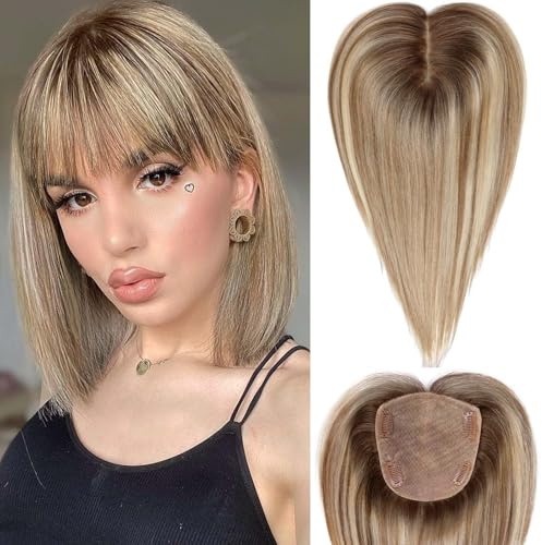 HAIRCUBE 5 x 5,5 Zoll große Haarteile für Frauen, Echthaarteil, 12 Zoll, Hellbraun mit blonden Strähnchen, 100% Echthaarteil, mit Pony für Frauen mit dünner werdendem oder grauem Ansatz