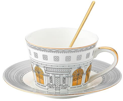 YUBAOLI Kaffeetasse aus Keramik, Becher, Teetasse und Untertasse aus Porzellan mit Löffel, Kaffeetassen-Set, Teetasse mit Goldrand, 200 ml