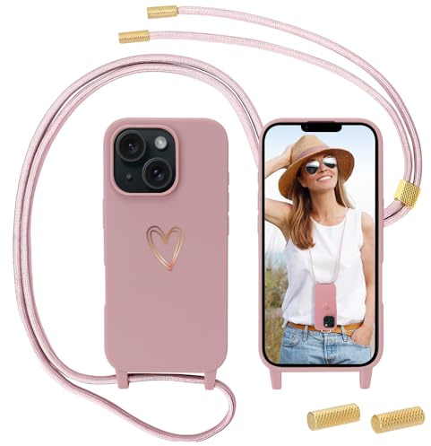 Anfire Handyband kompatibel mit iPhone 13 Hülle mit Band, MoEvn für iPhone 13 Necklace Handyhülle mit Kordel für zum Umhängen Herz Muster Silikon Case Stoßfeste Schutzhülle mit Abnehmbar Kette, Rosa