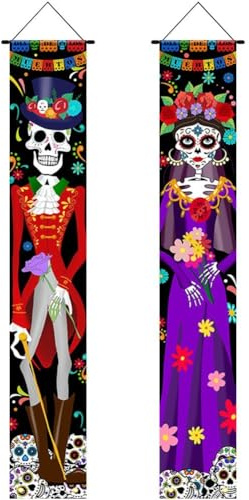 Fopytu 2 Piezas Día De Los Muertos Decoraciones Porche Cartel Puerta Banner, Día De Los Muertos Decoración Halloween Bienvenido Colgante Puerta Bandera Interior Exterior Decoración