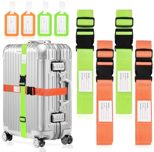 4 x Koffergurt, Kofferband Gurt, Einstellbare Kofferbänder, Koffer Gürtel Kreuzgurt Koffer Zubehör, Koffergürtel mit 4 Gepäckanhänger für Kofferanhänger Flugreise, für Gepäck Reisetasche Koffergurte