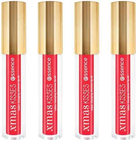 essence xmas KiSSES colour changing shimmer lip oil, Lipgloss, Nr. 01, langanhaltend, Färbeeffekt, mit Ölen, glänzend, vegan, ölfrei, ohne Parabene, ohne Mikroplastikpartikel, 4er Pack (4x2.6ml)