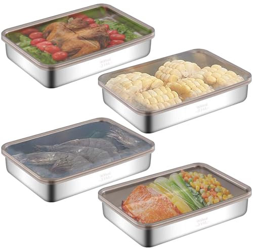 Asfrode 4er Set Aufschnittbox Fresh mit Grau Deckel, 900ML Edelstahl-Box Gefrierbehälter Lebensmittel Aufbewahrungsbox Kühlschrank Organizer Geschirrspüler Gefrierschrank für Käse Fleisch