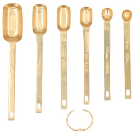 6PCS Rectangle Measuring Spoon Set, Stainless Steel Accurate Clear Marking Easy to Clean with Buckle Cooking Utensils for Kitchen (Gold)