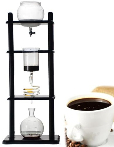 HKFGSHOP Cold Brew Drip Tower, Cold Drip Iced Coffee Maker, with Wood Stand and Adjustable Dripper, 1000ml High Borosilicate Glass Pot, for Home, Office, Coffee Lover Housewarming Gift