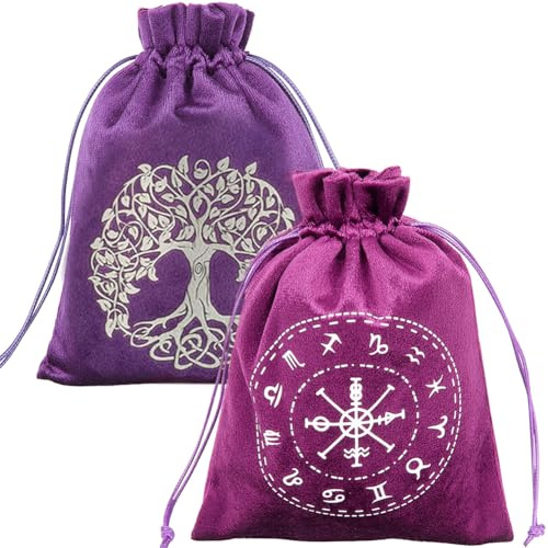 CREATCABIN 2 pz Sacchetti Tarocchi Sacchetti in Velluto Coulisse Sacchetti Carte dei Tarocchi Porta Mazzi Tarocchi Nero Viola Lo Zodiaco Albero Vita Avvolgere Sacchetti Gioielli Cristalli 12.5x15cm