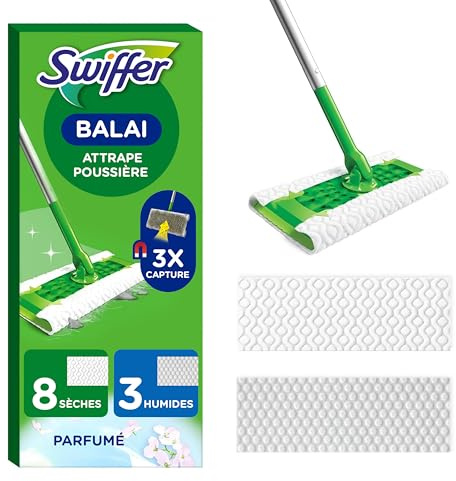 Swiffer Balai Attrape-Poussière Kit de Démarrage Complet avec 1 Balai + 8 Lingettes Sèches Propre & Frais + 3 Lingettes Imprégnées pour Parquet, Sans Résidus, Idéal pour Poils d'Animaux