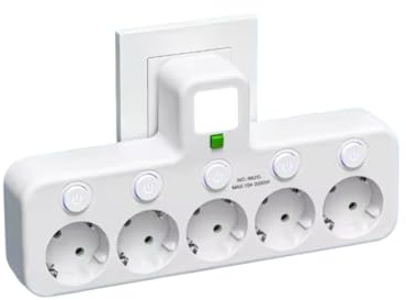 Regleta de pared con 4 enchufes EU, 2 puertos USB, 1 puerto tipo C, interruptores individuales (5 tomas blancas)