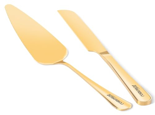 KAKABOU 2Pcs Wedding Cake Knife and Server Set, Premium Cake Cutter Includes 10.63 Cake Knife and 9.25 Pie Server, Stainless Steel Cake Cutting Set for Wedding, Birthday, Anniversary, Gold