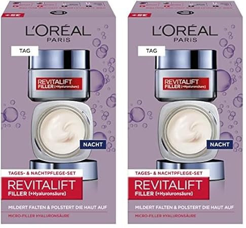 L'Oréal Paris Gesichtspflege Set, Anti-Aging Hyaluron Tagespflege und Nachtpflege gegen Falten, mit Micro-Filler Hyaluronsäure, Revitalift Filler, 2 x 50 ml (Packung mit 2)