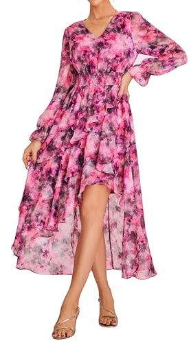 Damen Kleider A-Linien Langarm Blumenkleid V-Ausschnitt Sommerkleid Damen Leicht und Luftig Kleider für Hochzeitsgäste Rose-rote Blume XL