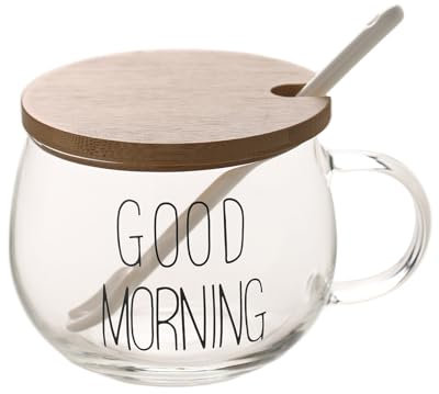BUONGIORNO Lettera Trasparente Tazza Per Caffè Dessert Latte Tè Yogurt Tazza Rotonda In Vetro Impugnatura Bicchieri Con Coperchio In Bambù Cucchiaio In Ceramica Tulipano (Coppa delle lettere (Nero))