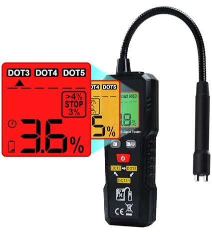 Gain Express Brake Fluid Moisture Tester DOT3/DOT4/DOT5.1 Brake Oil Detector 0-4% Moisture Detection with LED Flashlight, Color Indicator & Buzzer Alarm Auto Diagnostic Tool for Cars & Motorcycles