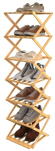 homewell Schuhregal aus Bambus mit 7 Ebenen, vertikales Schuhablage, Faltbares Montagefreies, Schuhregal schmal, aus Vliesstoff, für Flur, Schlafzimmer (Naturholz)