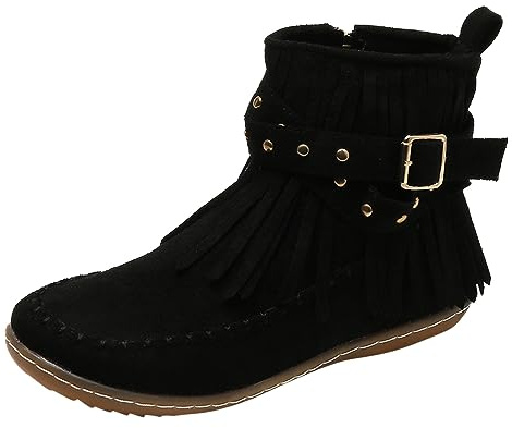 Botines para mujer, estilo casual, estilo liso, con flecos, cómodos, planos, cilíndricos medios, redondos, tallas grandes, botines occidentales, Negro , 41 EU