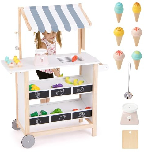 DREAMADE Kinder Eiswagen mit 6 Spielzeug-Eiscreme, Kaufladen aus Holz mit 2 Rädern und Markise, Einkaufsladen für Kinder ab 3 Jahren (Weiß)