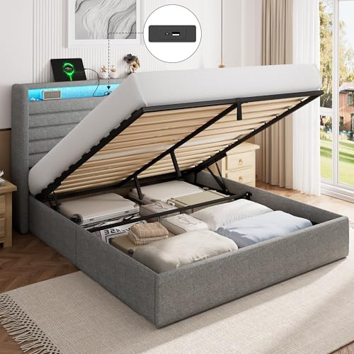 FEONASE Bett 160x200 mit Stauraum, Polsterbett 160x200 cm mit LED-Beleuchtung & Ladestation, Bettgestell mit Hydraulischem und Leinen Kopfteil Stauraum, Lattenrost, Ohne Matratze, Hellgrau