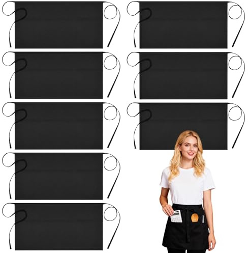 8 Stück Vorbinder Schürze, Schwarze Taillenschürze mit 3 Taschen, Wasserdicht Vorbinder Kellnerschürze, Kochschürze Damen Herren, Backschürze, Halbschürze Kurz für Kochen Restaurant Backen Bar