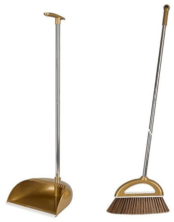 Broom and Dustpan Set - Long Handled Dust Pan and Brush Set with Built-In Teeth Comb - Broom with Dustpan Combo for Home Kitchen Room Office Lobby Floor Use